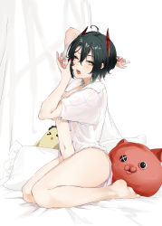 Rule 34 | 1girl, absurdres, ahoge, azur lane, bare legs, barefoot, black hair, collared shirt, commentary request, feet, hair between eyes, highres, nail polish, naked shirt, navel, on bed, one eye closed, open clothes, open mouth, open shirt, piercing, pillow, red nails, sadan1317, seiza, shirt, short hair, sidelocks, sitting, solo, stomach, tongue, tongue piercing, ulrich von hutten (azur lane), waking up, white shirt, yawning, yellow eyes