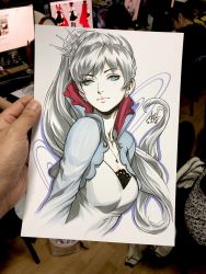 Rule 34 | 1girl, blue eyes, closed mouth, cropped jacket, dress, earrings, hair ornament, high collar, highres, jewelry, long hair, looking at viewer, marker (medium), mole, mole under eye, necklace, pink lips, ponytail, rwby, side ponytail, signature, silver hair, stanley lau, tiara, traditional media, weiss schnee, white dress
