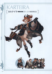 Rule 34 | 1girl, abacus, absurdres, animal ears, bag, black legwear, boots, breasts, brown eyes, brown hair, character name, dress, elbow gloves, erune, fang, full body, gloves, granblue fantasy, high heel boots, high heels, highres, holding, karteira, long coat, looking at viewer, medium breasts, minaba hideo, official art, one eye closed, open mouth, ponytail, scan, short dress, short hair, short ponytail, short sleeves, simple background, smile