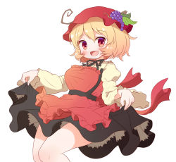 Rule 34 | 1girl, aki minoriko, apron, arinu, black neckwear, black ribbon, black skirt, blonde hair, blush, bow, choker, cowboy shot, food-themed hair ornament, grape hair ornament, hair ornament, hat, highres, invisible chair, looking at viewer, open mouth, petticoat, red apron, red hat, ribbon, ribbon choker, short hair, simple background, sitting, skirt, skirt hold, smile, solo, touhou, waist bow, white background, wide sleeves