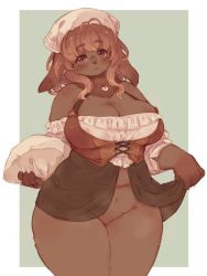Rule 34 | 1girl, 7010, bottomless, breasts, brown hair, rabbit, furry, furry female, large breasts, long hair, plump, purple eyes, solo, thick thighs, thighs, wide hips