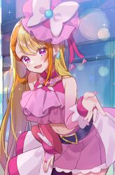 Rule 34 | 1girl, absurdres, belt bow, blonde hair, braid, brooch, butterfly earrings, commentary request, cure butterfly, earrings, highres, hiiragi syuu, hijiri ageha, hirogaru sky! precure, jewelry, long hair, magical girl, nail polish, open mouth, pink eyes, pink headwear, pink nails, pink skirt, precure, side braid, skirt, smile, solo, wing brooch