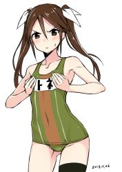 Rule 34 | 10s, 1girl, 2013, black thighhighs, blush, brown eyes, brown hair, covered navel, dated, gin (ginshari), hair ribbon, kantai collection, long hair, looking at viewer, one-piece swimsuit, personification, ribbon, school swimsuit, simple background, single thighhigh, solo, swimsuit, thighhighs, tone (kancolle), twintails, white background