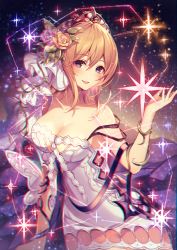 Rule 34 | 1girl, bare shoulders, black ribbon, blonde hair, blue eyes, blush, breasts, cleavage, collarbone, commentary request, constellation, cowboy shot, dress, europa (granblue fantasy), flower, glint, granblue fantasy, hair between eyes, hair flower, hair ornament, hand up, highres, homaderi, large breasts, looking at viewer, open clothes, open shirt, plant, ribbon, rose, short dress, short hair, smile, solo, star (symbol), tiara, vines, white dress