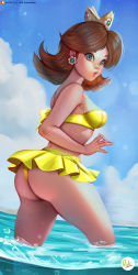 Rule 34 | 1girl, alternate costume, artist name, ass, bare shoulders, bikini, bikini skirt, blonde hair, blue eyes, blue sky, breasts, cloud, commentary, crown, day, didi esmeralda, earrings, english commentary, flipped hair, flower earrings, from side, highres, jewelry, lips, long hair, looking at viewer, mario (series), medium breasts, nintendo, nostrils, ocean, outdoors, paid reward available, parted bangs, parted hair, parted lips, partially submerged, partially underwater shot, patreon logo, patreon username, pink lips, princess daisy, signature, sky, solo, standing, strapless, super mario land, swimsuit, symbol-only commentary, underwater, wading, water, watermark, web address, yellow bikini