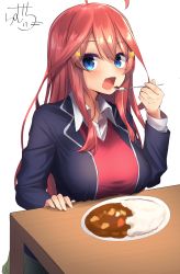 Rule 34 | 1girl, ahoge, bad id, bad pixiv id, blazer, blue eyes, blue jacket, blush, breasts, collared shirt, commentary request, curry, curry rice, dress shirt, food, go-toubun no hanayome, green skirt, hair between eyes, hand up, highres, holding, holding spoon, jacket, large breasts, long hair, looking at viewer, nakano itsuki, open clothes, open jacket, open mouth, plate, pleated skirt, ramchi, red hair, rice, shirt, signature, simple background, skirt, solo, spoon, star (symbol), sweater vest, table, very long hair, white background, white shirt