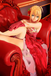 Rule 34 | 10s, 1girl, ahoge, armchair, armpits, bare shoulders, blonde hair, chair, fate/extra, fate (series), flower, gloves, green eyes, hair flower, hair ornament, hand on leg, highres, looking at viewer, nero claudius (fate), nero claudius (fate), nero claudius (fate/extra), rose, sitting, smile, solo, zenyu