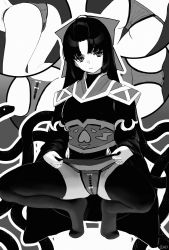 Rule 34 | 1girl, :/, bow, closed mouth, greyscale, hair bow, highres, lifted by self, long hair, long sleeves, looking at viewer, mato seihei no slave, monochrome, panties, pantyshot, parted bangs, shikoku (mato seihei no slave), slit pupils, snake, solo, songchuan li, squatting, thighhighs, toes, underwear
