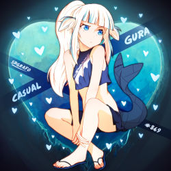 Rule 34 | 1girl, bare shoulders, blue eyes, blue skirt, english text, fins, fish tail, gawr gura, hololive, hololive english, midriff, sandals, shark tail, skirt, srgrafo, tail, virtual youtuber, white hair