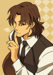 Rule 34 | 10s, 1boy, brown eyes, brown hair, fate/extra, fate/extra ccc, fate (series), finger to mouth, kon manatsu, kotomine kirei, male focus, sexy44, solo, vest, waistcoat, waiter
