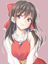 Rule 34 | 1girl, bare shoulders, black hair, blush, bow, breasts, commentary, earrings, hair between eyes, hair bow, hair tubes, hakurei reimu, head tilt, hisae (hisae collect), jewelry, long hair, looking at viewer, outline, purple background, red bow, red eyes, red skirt, sidelocks, simple background, skirt, skirt set, small breasts, smile, solo, touhou, upper body, white outline, yin yang
