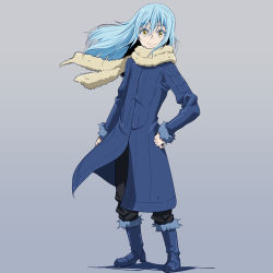 Rule 34 | 1other, androgynous, blue hair, boots, closed mouth, commentary request, high heel boots, high heels, highres, long hair, looking at viewer, rimuru tempest, scarf, simple background, smile, solo, tensei shitara slime datta ken, yazwo, yellow eyes