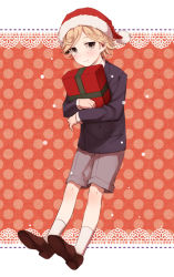 Rule 34 | 10s, 1boy, aged down, barnaby brooks jr., blonde hair, child, christmas, gift, green eyes, hat, holding, holding gift, loafers, male focus, necktie, santa hat, saya (sayaz), shoes, short hair, shorts, smile, solo, tiger &amp; bunny