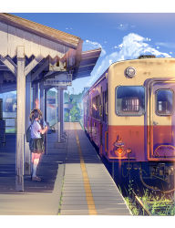 Rule 34 | 1girl, arm up, bag, blue sky, brown hair, cloud, commentary request, daito, day, food, highres, holding, holding food, kneehighs, loafers, long hair, original, outdoors, pleated skirt, ponytail, popsicle, railroad tracks, real world location, school bag, school uniform, shadow, shirt, shoes, short sleeves, skirt, sky, socks, solo focus, standing, sunlight, train, train station, waving, white shirt