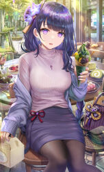 Rule 34 | 1girl, alternate costume, anmitsu (dessert), bag, blunt bangs, breasts, brown pantyhose, cake, castella (food), chocolate, chopsticks, dango, day, dorayaki, earrings, flower, food, fruit, genshin impact, hair flower, hair ornament, handbag, highres, holding, holding food, ice cream, ice cream cone, jacket, jewelry, large breasts, long hair, long sleeves, macaron, matcha (food), matcha castella, matcha parfait, mitsudomoe (shape), mole, mole under eye, nail polish, necklace, off shoulder, on chair, outdoors, pantyhose, parfait, parted lips, pastry box, pencil skirt, pink sweater, purple eyes, purple hair, purple jacket, purple nails, purple skirt, raiden shogun, red bean paste, revision, ribbed sweater, sanshoku dango, skirt, soft serve, solo, spoon, sweater, swiss roll, table, tomoe (symbol), torino aqua, tree, turtleneck, turtleneck sweater, vision (genshin impact), wafer stick, wagashi, wooden chair, wooden table, youkan (food)