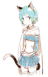 Rule 34 | 10s, animal ears, bare shoulders, belt, blue eyes, blue hair, blush, blush stickers, cape, cat ears, cat tail, frills, frown, kemonomimi mode, kiikanna, looking at viewer, magical girl, mahou shoujo madoka magica, mahou shoujo madoka magica (anime), midriff, miki sayaka, navel, short hair, skirt, solo, tail, thighhighs