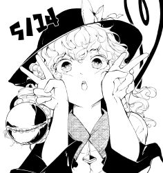 Rule 34 | 1girl, absurdres, collared shirt, eyeball, greyscale, hands on own cheeks, hands on own face, hat, heart, heart of string, hi you (flying bear), highres, koishi day, komeiji koishi, long sleeves, looking at viewer, monochrome, open mouth, shirt, solo, squishing, third eye, touhou, v, wavy hair, wide sleeves
