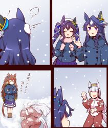 Rule 34 | 4girls, = =, animal ears, blue hair, blush, brown hair, buttons, clenched hands, closed eyes, coat, crossed arms, dark blue hair, double-breasted, gold ship (umamusume), hat, highres, holding, horse ears, horse girl, horse tail, long hair, meme, multiple girls, open mouth, orfevre (umamusume) (old design), purple eyes, school uniform, simple background, snowball, snowing, standing, tail, tracen training uniform, tracen winter coat, translated, twintails, umamusume, verxina (umamusume), vivlos (umamusume), winter clothes, yamcha pose (meme), yonedatomo mizu