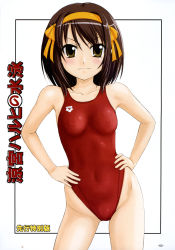 Rule 34 | 00s, 1girl, arena (company), breasts, brown eyes, brown hair, competition swimsuit, covered erect nipples, hairband, hands on own hips, highres, navel, one-piece swimsuit, scan, short hair, small breasts, smile, solo, suzumiya haruhi, suzumiya haruhi no yuuutsu, swimsuit, tk4