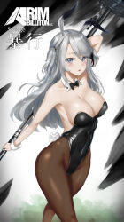 Rule 34 | 1girl, animal ears, arknights, arm up, black bow, black bowtie, black leotard, bow, bowtie, breasts, brown pantyhose, chaciooh, character name, commentary, cowboy shot, detached collar, fake animal ears, grey background, grey eyes, highres, holding, holding weapon, large breasts, leotard, long hair, looking at viewer, pantyhose, parted lips, playboy bunny, polearm, rabbit ears, rabbit girl, rabbit tail, revision, rim billiton logo, savage (arknights), silver hair, solo, strapless, strapless leotard, tail, two side up, weapon, wrist cuffs