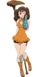 Rule 34 | 1girl, blush, boots, breasts, brown hair, cleavage, cross-laced footwear, diane (nanatsu no taizai), hammer, highres, holding, holding weapon, lace-up boots, legs, leotard, looking at viewer, nanatsu no taizai, official art, one eye closed, orange footwear, orange leotard, purple eyes, shorts, shorts under skirt, skirt, tattoo, tattoo on legs, thighs, tongue, tongue out, twintails, war hammer, warhammer, weapon, wink