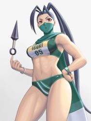 Rule 34 | 1girl, abs, antenna hair, balancing, balancing on finger, black hair, breasts, brown eyes, character name, commentary request, covered mouth, fingernails, green scarf, green sports bra, hand on own hip, high ponytail, ibuki (street fighter), kunai, long hair, long scarf, mask, medium breasts, mouth mask, navel, noppo (tarstation), official alternate costume, scarf, solo, sports bra, sportswear, standing, street fighter, street fighter v, tan, thick thighs, thighs, toned, very long hair, watch, weapon, white background, wristwatch