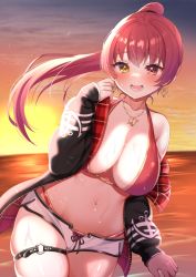 Rule 34 | 1girl, absurdres, arrow through heart, bikini, bikini under clothes, black jacket, blush, breasts, cleavage, dolphin shorts, earrings, halterneck, heart, heart earrings, heart necklace, heterochromia, high ponytail, highres, hololive, hood, hooded jacket, houshou marine, houshou marine (summer), jacket, jewelry, large breasts, long hair, looking at viewer, navel, necklace, o-ring, o-ring legwear, o-ring thigh strap, ocean, off shoulder, open clothes, open jacket, open mouth, ponytail, red bikini, red eyes, red hair, short shorts, shorts, single bare shoulder, skindentation, solo, string bikini, sunset, suzutarou gunsou, sweat, swimsuit, thigh strap, unzipped, virtual youtuber, wet, white shorts, yellow eyes