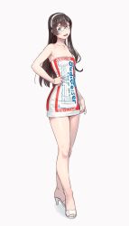 Rule 34 | 1girl, alternate costume, aqua eyes, bare arms, bare legs, bare shoulders, black hair, blush, breasts, budweiser, collarbone, commentary request, dress, full body, glasses, hairband, hand on own hip, high heels, highres, kantai collection, legs, long hair, looking at viewer, ooyodo (kancolle), open mouth, short dress, small breasts, smile, solo, strapless, strapless dress, yuuji (and)