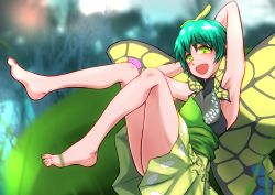 Rule 34 | 1girl, antennae, aqua hair, bad anatomy, barefoot, butterfly wings, dress, eternity larva, fairy, green dress, green eyes, hair between eyes, highres, insect wings, multicolored clothes, multicolored dress, nakamura append, open mouth, short hair, short sleeves, smile, solo, touhou, wings