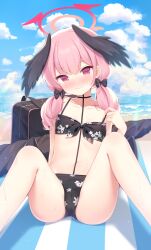 Rule 34 | 1girl, beach, bikini, black bikini, black bow, black wings, blue archive, blue sky, blush, bow, cameltoe, closed mouth, cloud, collarbone, commentary, feathered wings, feet out of frame, flat chest, floral print, front-tie bikini top, front-tie top, hair between eyes, hair bow, hair over shoulder, halo, head wings, ikataruto, knees up, koharu (blue archive), koharu (swimsuit) (blue archive), long hair, looking at viewer, low twintails, low wings, navel, nose blush, official alternate costume, outdoors, pink eyes, pink hair, pink halo, print bikini, sitting, sky, solo, spaghetti strap, swimsuit, twintails, wings