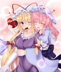 Rule 34 | 2girls, absurdres, arm across chest, arm garter, arm up, blonde hair, blue headwear, blue kimono, blush, breasts, candy, cheek-to-cheek, chocolate, chocolate heart, collarbone, commentary, dress, elbow gloves, closed eyes, food, food in mouth, gloves, hair between eyes, hat, hat ribbon, heads together, heart, highres, holding, holding chocolate, holding food, hug, hug from behind, ibuibuyou, japanese clothes, kimono, long hair, long sleeves, looking at viewer, medium breasts, medium hair, mob cap, multiple girls, obi, one eye closed, open mouth, pink background, pink hair, puffy short sleeves, puffy sleeves, purple dress, purple eyes, ribbon, saigyouji yuyuko, sash, short sleeves, simple background, smile, sparkle, standing, touhou, triangular headpiece, upper body, very long hair, white gloves, white headwear, wide sleeves, yakumo yukari, yuri