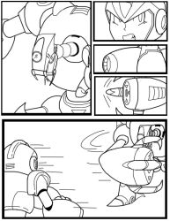 Rule 34 | 1boy, android, arm cannon, armor, battle, clenched teeth, comic, commentary, edwin black (darkzerokc), english commentary, greyscale, helmet, male focus, mega man (series), mega man x2, x (mega man), mega man x (series), monochrome, motion lines, raider killer, robot, self-upload, teeth, weapon