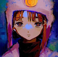 Rule 34 | 1girl, amn (a0ko1), blue background, brown eyes, brown hair, closed mouth, expressionless, hair ornament, hat, iwakura lain, jacket, looking at viewer, pink hat, pink jacket, portrait, sad, serial experiments lain, solo, watercolor effect