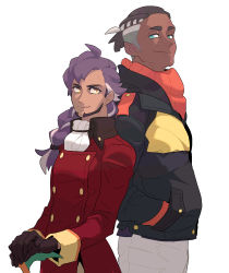 Rule 34 | 2boys, absurdres, aged up, alternate costume, alternate hairstyle, ascot, braid, braided ponytail, brown gloves, brown hair, buttons, closed mouth, commentary request, creatures (company), dark-skinned male, dark skin, earrings, facial hair, game freak, gloves, hair tie, hand in pocket, highres, jacket, jewelry, korean commentary, leon (pokemon), long hair, long sleeves, male focus, multiple boys, nintendo, pants, pokemon, pokemon swsh, purple hair, raihan (pokemon), redlhzz, simple background, smile, tailcoat, undercut, white ascot, white background, white pants, yellow eyes