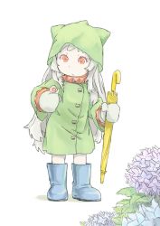 Rule 34 | 10s, 1girl, abyssal ship, animal, blue footwear, boots, closed umbrella, colored skin, flower, holding, holding umbrella, hood, horns, hydrangea, kantai collection, leaf, long hair, mittens, northern ocean princess, raincoat, red eyes, rubber boots, simple background, solo, taruya, umbrella, white hair, white skin
