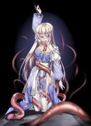 Rule 34 | 1girl, arch bishop (ragnarok online), blonde hair, blue dress, blue eyes, blush, breasts, bukkake, chain, cleavage cutout, clothing cutout, commentary request, covered erect nipples, cross, cuffs, cum, cum on clothes, dress, fishnet thighhighs, fishnets, frilled thighhighs, frills, full body, juliet sleeves, kneeling, large breasts, long hair, long sleeves, looking at viewer, open mouth, pelvic curtain, puffy sleeves, ragnarok online, sash, shackles, slime (substance), solo, tentacle sex, tentacles, tentacles under clothes, thighhighs, two-tone dress, very long hair, white dress, white thighhighs, yellow sash, yonekura kihiro