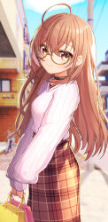 Rule 34 | 1girl, absurdres, ahoge, belt, berry, bicycle, black choker, blurry, blurry background, brown eyes, brown hair, brown skirt, building, choker, earrings, food-themed earrings, glasses, highres, hololive, hololive english, jewelry, long hair, long skirt, looking at viewer, multicolored hair, nanashi mumei, nanashi mumei (casual), official alternate costume, plaid, plaid skirt, red shirt, road, rooby n, round eyewear, shirt, skirt, sleeves past wrists, smile, streaked hair, street, sweater, utility pole, very long hair, virtual youtuber, white sweater