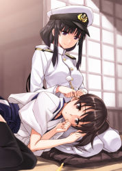 Rule 34 | 10s, 2girls, black hair, black legwear, blunt bangs, blush, bow, brown eyes, brown hair, clenched hand, dougi, ear cleaning, female admiral (kancolle), hair bow, hakama, hakama short skirt, hakama skirt, hat, holding, indoors, japanese clothes, kaga (kancolle), kantai collection, lap pillow, light smile, long hair, long sleeves, looking at another, looking down, low ponytail, lying, lying on person, matsuryuu, military, military uniform, mimikaki, mole, mole under mouth, multiple girls, naval uniform, on side, peaked cap, pillow, ponytail, purple eyes, revision, seiza, short hair, short ponytail, shouji, side ponytail, sidelocks, sitting, skirt, sliding doors, smile, thigh grab, thighhighs, turtleneck, uniform