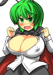 Rule 34 | 1girl, alternate breast size, antennae, blush, breasts, cleavage, covered erect nipples, gaoo (frpjx283), green eyes, green hair, highres, huge breasts, matching hair/eyes, open mouth, solo, touhou, white background, wriggle nightbug