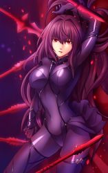 Rule 34 | 1girl, aono shimo, bad id, bad twitter id, bodysuit, breasts, covered navel, fate/grand order, fate (series), female focus, gae bolg (fate), highres, large breasts, long hair, polearm, purple bodysuit, purple hair, red eyes, scathach (fate), scathach (fate), solo, spear, weapon