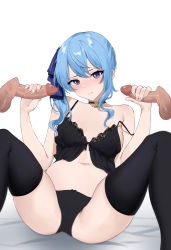 Rule 34 | 1girl, 2boys, absurdres, bare shoulders, black bra, black panties, blue bow, blue eyes, blue hair, blush, bow, bra, choker, closed mouth, disembodied hand, disembodied penis, double handjob, feint721, hair bow, handjob, hands up, has bad revision, has censored revision, hetero, highres, hololive, hoshimachi suisei, lace, lace-trimmed bra, lace trim, lingerie, looking at viewer, m legs, multiple boys, multiple penises, navel, panties, penis, side ponytail, sitting, solo focus, star (symbol), star choker, star in eye, strap slip, symbol in eye, thighhighs, thighs, underwear, virtual youtuber