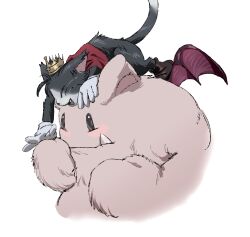 Rule 34 | 200 percent, animal, animal on head, black fur, boots, brown footwear, cait sith (ff7), cape, cat, cat on head, closed eyes, creature, crown, ct, fang, fang out, final fantasy, final fantasy vii, final fantasy vii rebirth, final fantasy vii remake, gloves, highres, mini crown, moogle, no humans, on head, red cape, two-tone fur, white background, white fur, white gloves