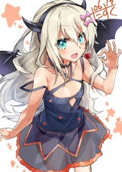 Rule 34 | 1girl, absurdres, artist name, black dress, black panties, blonde hair, blush, bow, candy, collarbone, cowboy shot, dated, demon horns, demon wings, dress, food, grecale (kancolle), green eyes, hair between eyes, hair bow, highres, holding, holding candy, holding food, holding lollipop, horns, kantai collection, lollipop, narumiya (empty cafe), one-hour drawing challenge, open mouth, panties, pink bow, see-through, signature, sleeveless, sleeveless dress, solo, underwear, white background, wings