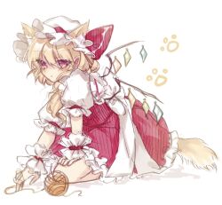 Rule 34 | 1girl, animal ears, blonde hair, blush, cat ears, cat girl, cat tail, flandre scarlet, frills, hat, mob cap, paw print, puffy short sleeves, puffy sleeves, red eyes, red ribbon, ribbon, short sleeves, side ponytail, simple background, solo, sorani (kaeru0768), tail, touhou, white background, wrist cuffs