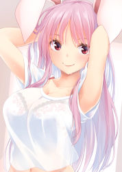 Rule 34 | 1girl, animal ears, arms behind head, arms up, bad id, bad pixiv id, blush, bra, breasts, cleavage, collarbone, commentary request, crop top, crop top overhang, hisae (hisae collect), large breasts, long hair, looking at viewer, midriff, navel, purple hair, rabbit ears, red eyes, reisen udongein inaba, shirt, short sleeves, smile, solo, touhou, underwear, upper body, white bra, white shirt