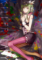 Rule 34 | 18 (backstreetno18), 1girl, breasts, flat cap, flower, frills, green eyes, green hair, gumi, hair flower, hair ornament, hand on own chest, hat, headphones, jewelry, killer lady (vocaloid), looking at viewer, medium breasts, necklace, paint splatter, pantyhose, purple eyes, short hair with long locks, shorts, sideboob, smiley face, solo, song name, striped clothes, striped pantyhose, tattoo, vertical-striped clothes, vertical-striped pantyhose, vocaloid, wristband