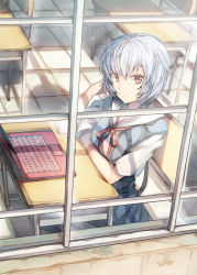 Rule 34 | 1girl, 90i, ayanami rei, bad id, bad pixiv id, blue hair, chair, classroom, computer, desk, expressionless, glass, indoors, laptop, looking at viewer, looking outside, neon genesis evangelion, red eyes, ribbon, school, school desk, school uniform, short hair, sitting, solo, table, tsurime, window