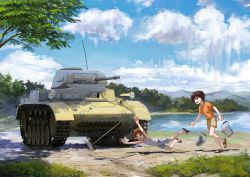 Rule 34 | 10s, 3girls, arms up, bare arms, bare shoulders, blue shorts, blue sky, brown eyes, brown hair, bucket, cleaning brush, cloud, cloudy sky, collarbone, day, falling, forest, full body, girls und panzer, grass, green eyes, green shorts, highres, itsumi erika, lake, military, military vehicle, motor vehicle, mountain, multiple girls, nature, nishizumi maho, nishizumi miho, open mouth, outdoors, panzer ii, panzer ii, plant, scenery, shirt, short hair, short sleeves, shorts, sky, sleeveless, slippers, tank, tank top, traditional media, tree, treeware, tripping, water, white hair, wide shot
