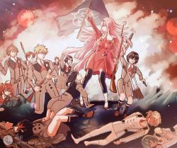 Rule 34 | 10s, 6+boys, 6+girls, ahoge, black hair, black pantyhose, blonde hair, blue eyes, blue hair, boots, brown footwear, brown hair, chinese commentary, commentary request, couple, darling in the franxx, fine art parody, flag, futoshi (darling in the franxx), glasses, gorou (darling in the franxx), green eyes, green hair, gun, hair ornament, hairband, hand up, hetero, high ponytail, hiro (darling in the franxx), holding, holding flag, holding gun, holding weapon, horns, ichigo (darling in the franxx), ikuno (darling in the franxx), jieqialice, kokoro (darling in the franxx), liberty leading the people, light brown hair, long hair, long sleeves, looking back, lying, miku (darling in the franxx), military, military uniform, mitsuru (darling in the franxx), multiple boys, multiple girls, necktie, nine alpha (darling in the franxx), nine delta, on back, on side, oni horns, orange neckwear, pantyhose, parody, pink hair, ponytail, purple hair, red hair, red horns, red neckwear, shoes, short hair, socks, thighs, twintails, uniform, weapon, white footwear, white hairband, zero two (darling in the franxx), zorome (darling in the franxx)