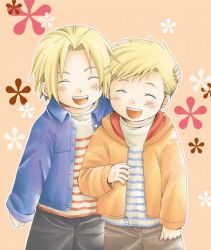 Rule 34 | 2boys, alphonse elric, blonde hair, blush, brothers, edward elric, closed eyes, floral background, fullmetal alchemist, hand on another&#039;s head, happy, jacket, male focus, multiple boys, open mouth, pants, pink background, shirt, short hair, siblings, simple background, smile, uho (uhoponta), white shirt